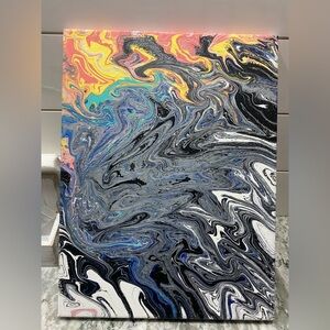 Hand Crafted Abstract Swirl Painting - Black, White, Yellow, Blue